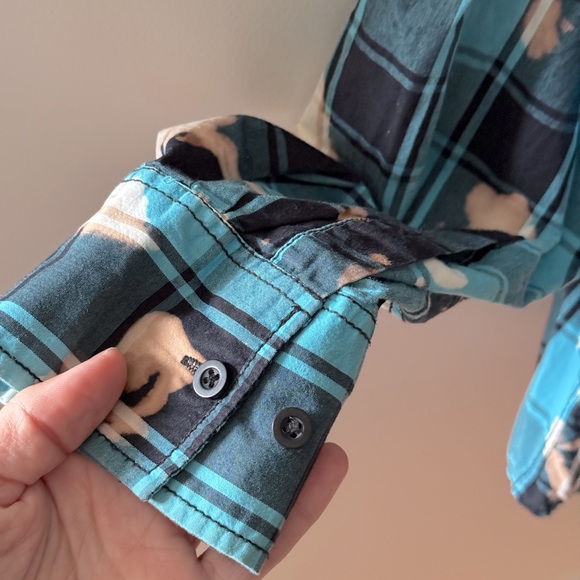 Y2K Western POINT ZERO Cher 2005 Acid Washed Blue Tan Plaid Button Down Shirt M - Picture 6 of 10